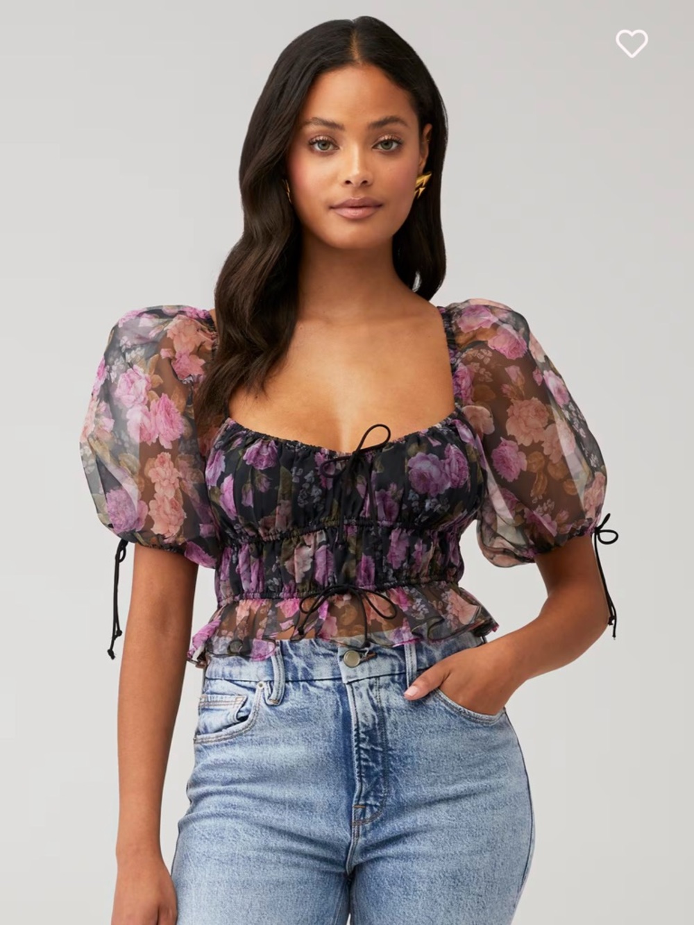 Sheer Floral Puff Sleeve Crop Top in Purple